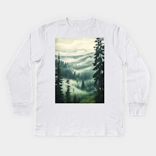 Misty fir forest retro style Kids Long Sleeve T-Shirt